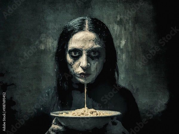 Fototapeta Eine unheimliche Gestalt mit blassem Gesicht hält eine Schüssel mit Spaghetti in einem düsteren Raum in der Nacht