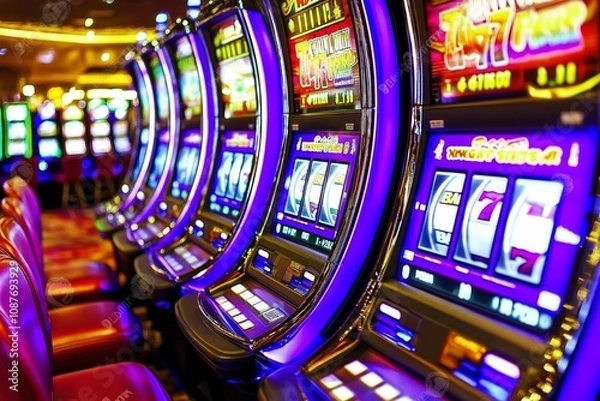 Fototapeta Vibrant row of empty casino slot machines with colorful displays and buttons