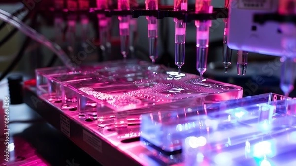 Fototapeta A high-definition shot of an electrophoresis apparatus in use, with gel and buffer solutions.