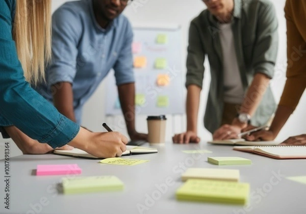 Fototapeta Coworkers taking notes and brainstorming during a meeting, using colorful sticky notes and notebooks