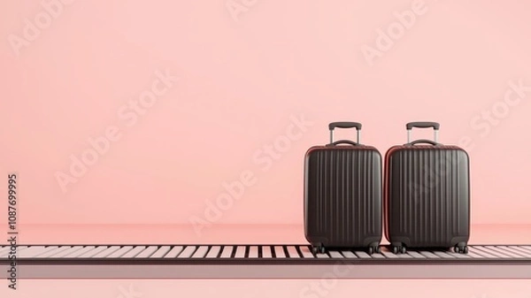 Fototapeta handling on conveyor belt airport and baggage. A vintage orange suitcase rests on a conveyor belt, showcasing a blend of metal and leather textures in a dimly lit environment.