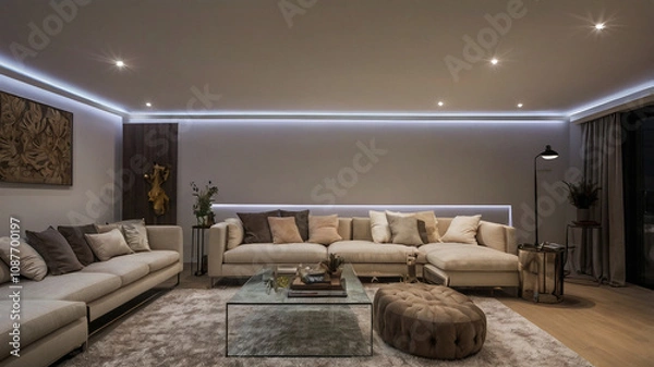 Obraz LED lighting and strip lighting. Also known as ribbon lights or LED tape, these lights are suspended from the plasterboard ceiling in empty living rooms. Technology and interior design for homes.