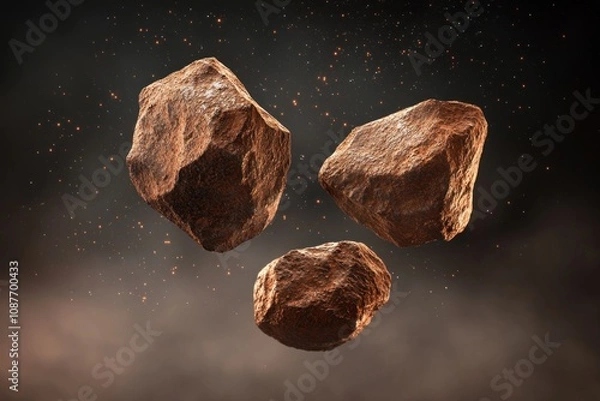 Fototapeta Three large rocks are floating in the air, with a dark brown color