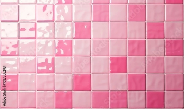Fototapeta Pink tile wall chequered background bathroom floor texture. Ceramic wall and floor tiles mosaic background in bathroom, Generative AI