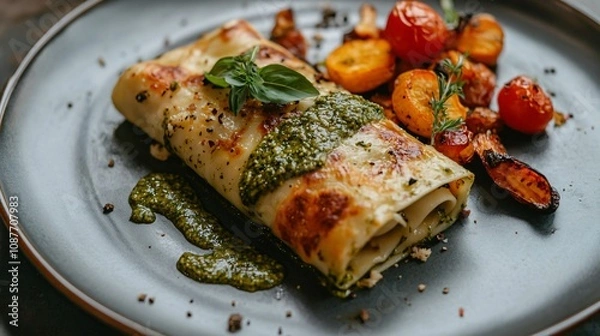 Obraz Cannelloni plated elegantly with a drizzle of pesto sauce and a side of roasted vegetables