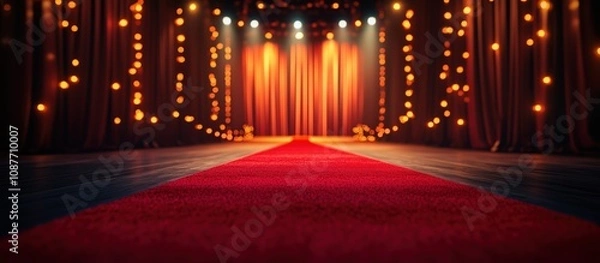 Obraz Blurred image of Red carpet walkway leading to the movie theater. Bokeh interior background cabaret, burlesque, theater, nightclub or casino.