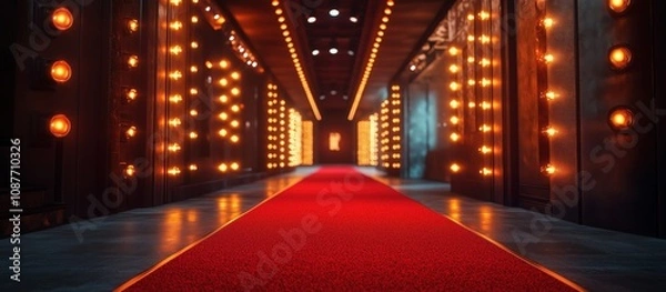 Fototapeta Blurred image of Red carpet walkway leading to the movie theater. Bokeh interior background cabaret, burlesque, theater, nightclub or casino.