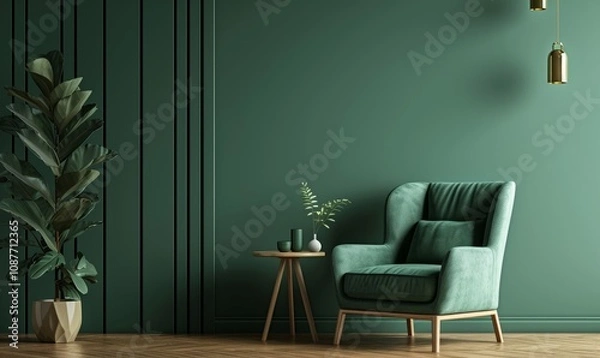 Fototapeta Living room with green armchair on empty dark green wall background, Generative AI