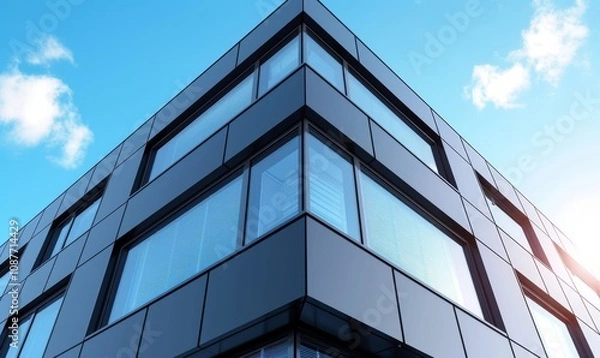 Fototapeta Graphite facade and large windows on a fragment of an office building against a blue sky. Modern aluminum cladding facade with windows, Generative AI