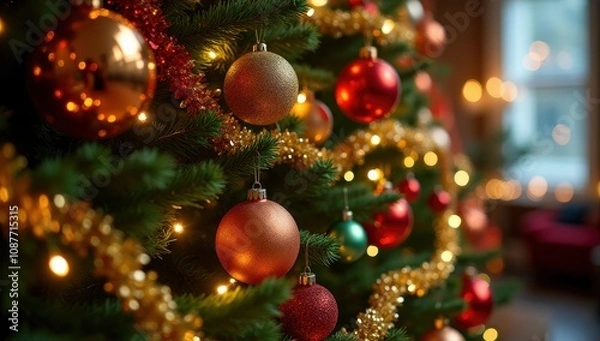 Fototapeta Festive Christmas tree decorated with vibrant red and gold ornaments and twinkling lights, creating a warm holiday ambiance