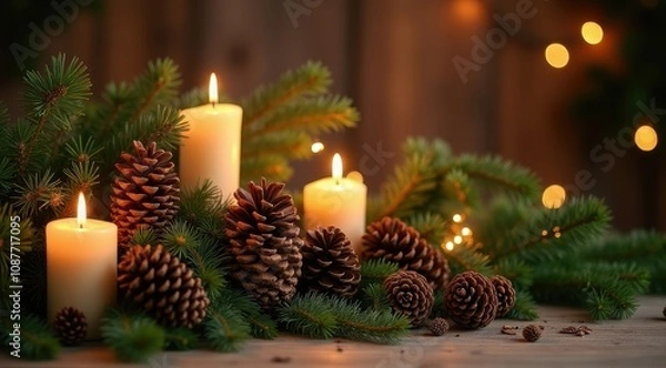 Fototapeta Cozy holiday scene with glowing candles, pinecones, and evergreen branches on a wooden table, surrounded by warm fairy lights