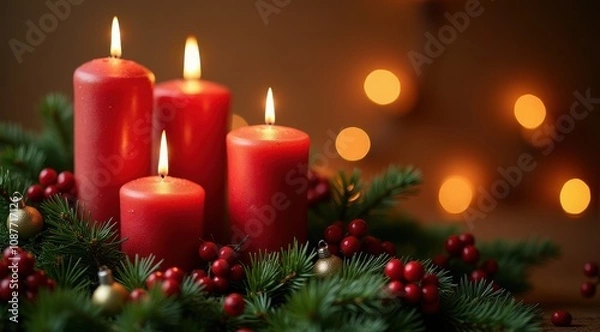 Fototapeta Lit red candles surrounded by evergreen branches and berries, creating a cozy holiday atmosphere