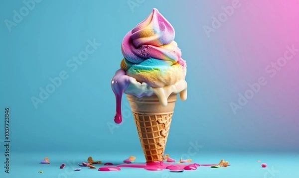 Fototapeta Full melting colorful ice cream cone on blue background, Generative AI