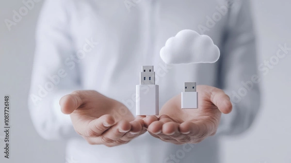 Fototapeta Consultant presenting data storage solutions with usb drive and cloud concept for digital security