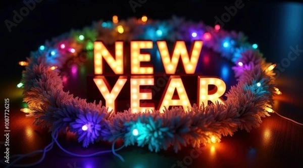 Fototapeta Festive New Year's LED sign surrounded by a colorful wreath of vibrant string lights on a dark wooden table, creating a warm holiday atmosphere