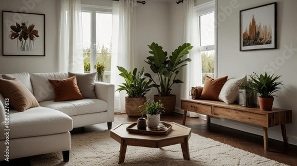 Fototapeta Bright, airy living room with white sectional sofa, wooden coffee table, plants, and artwork.