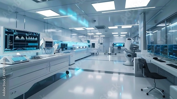 Fototapeta A high-tech cleanroom with automated machines conducting delicate scientific processes, and monitors displaying the progress.