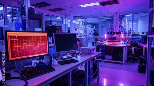 Fototapeta A high-tech lab with laser equipment set up for experiments, and computer screens displaying precise measurements and outcomes.