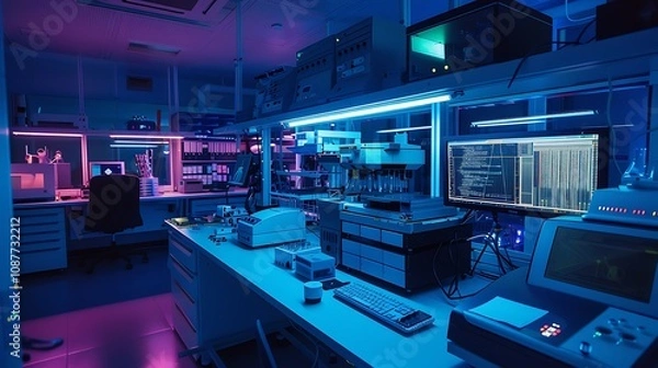 Fototapeta A high-tech lab with laser equipment set up for experiments, and computer screens displaying precise measurements and outcomes.