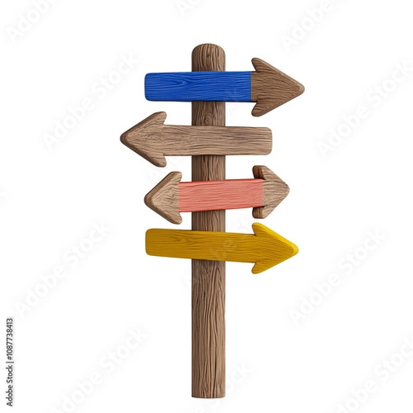 Fototapeta Colorful wooden directional signpost with arrows on transparent background