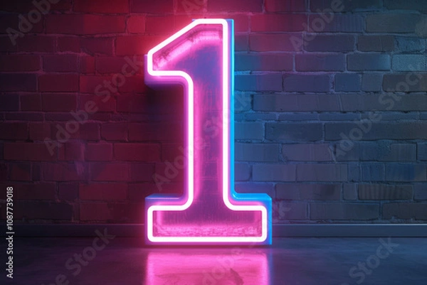 Obraz 3d neon light number 1 glowing in the dark with pink and blue colors
