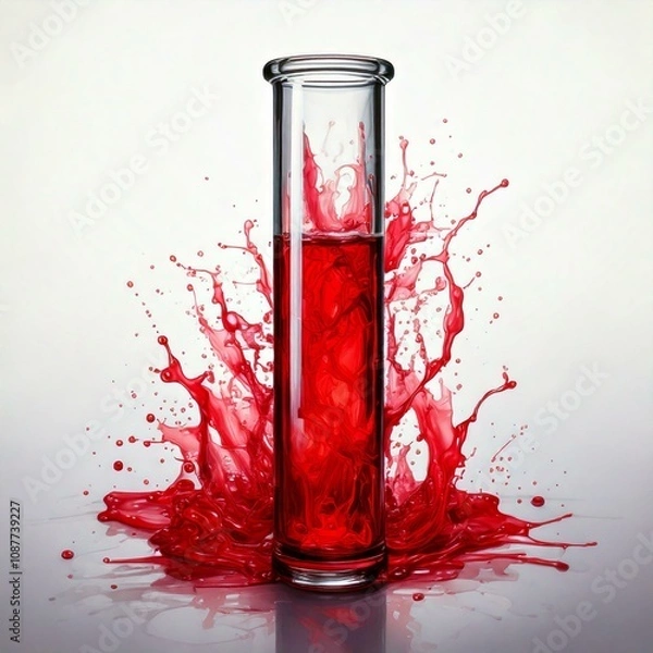 Fototapeta test tube with red fluid infront of fluid splash and a white background