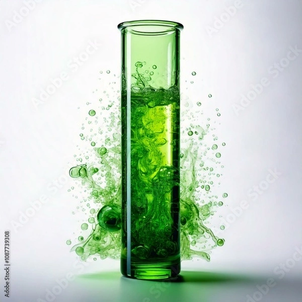 Fototapeta test tube with green fluid infront of fluid splash and a white background