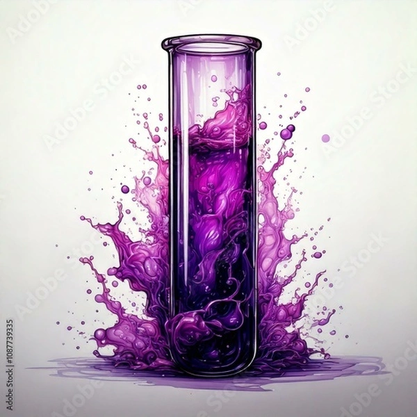 Fototapeta test tube with purple fluid infront of fluid splash and a white background