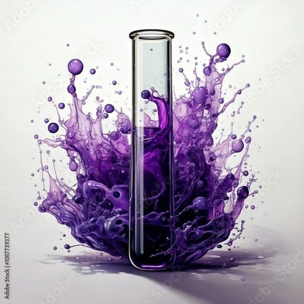 Fototapeta test tube with purple fluid infront of fluid splash and a white background