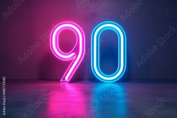 Obraz 3d neon light number 90 glowing in the dark with pink and blue colors
