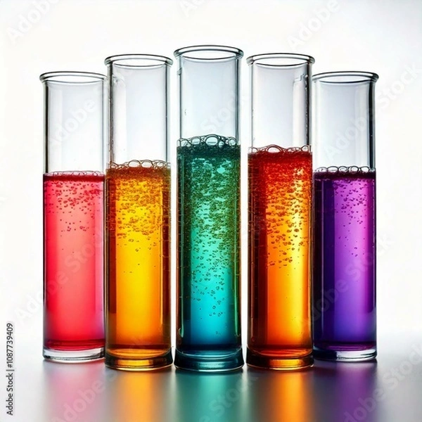 Fototapeta test tubes filled with different colored fluids infront of a white background