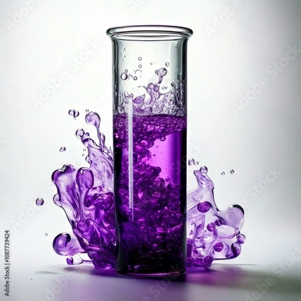 Fototapeta test tube with purple fluid infront of fluid splash and a white background