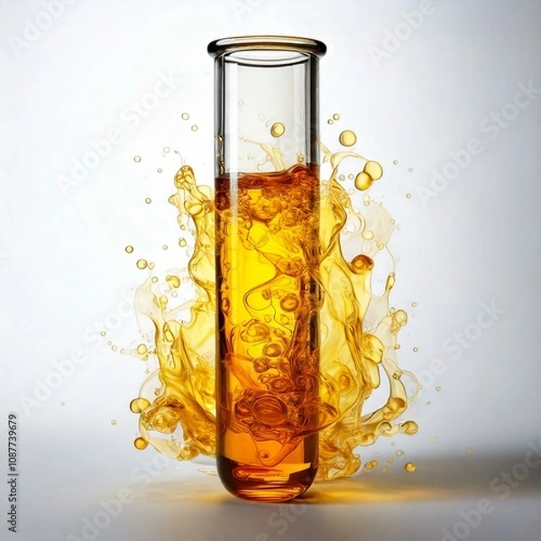 Fototapeta test tube with yellow fluid infront of fluid splash and a white background
