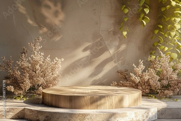 Obraz Beautiful wooden podium or pedestal for product placement with plants surrounding it in warm beige tones