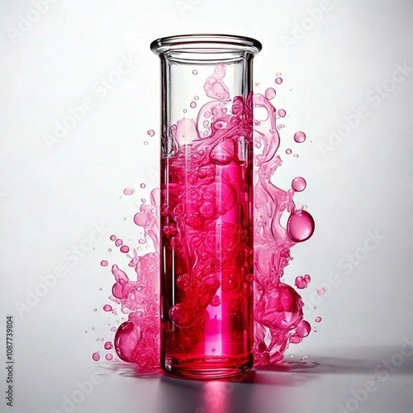 Fototapeta test tube with pink fluid infront of fluid splash and a white background