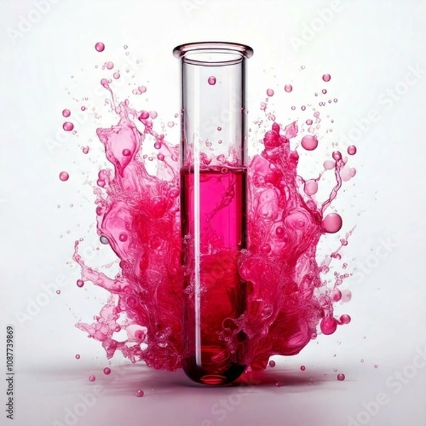 Fototapeta test tube with pink fluid infront of fluid splash and a white background