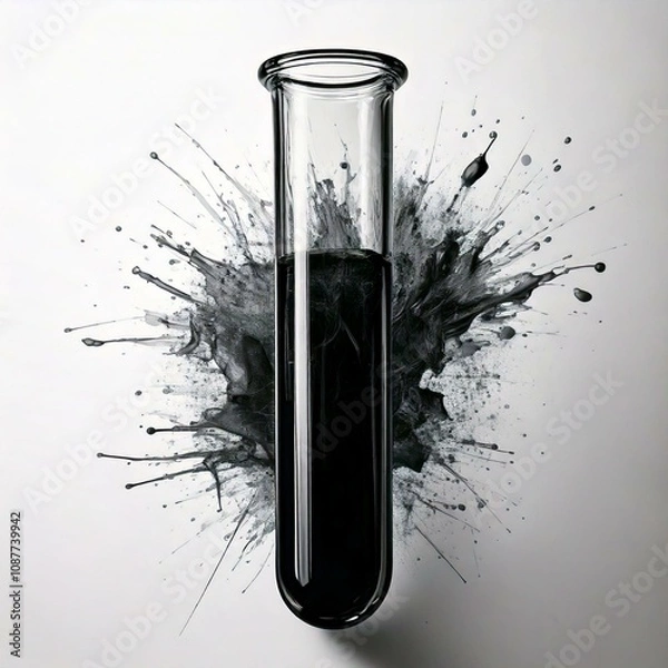 Fototapeta test tube with black fluid infront of fluid splash and a white background