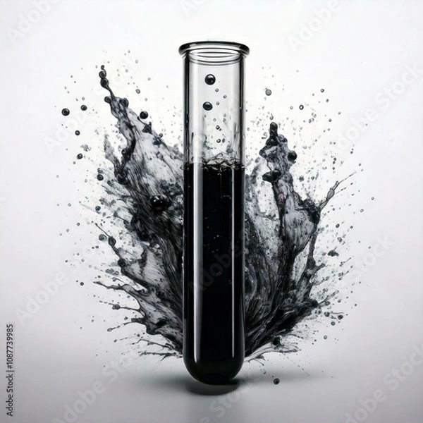 Fototapeta test tube with black fluid infront of fluid splash and a white background