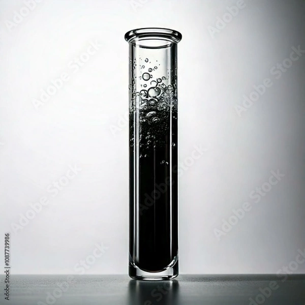 Fototapeta test tube with black sparkling fluid infront of a white background