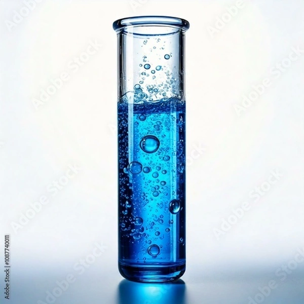 Fototapeta test tube with blue sparkling fluid infront of a white background