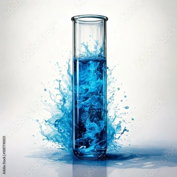 Fototapeta test tube with blue fluid infront of fluid splash and a white background