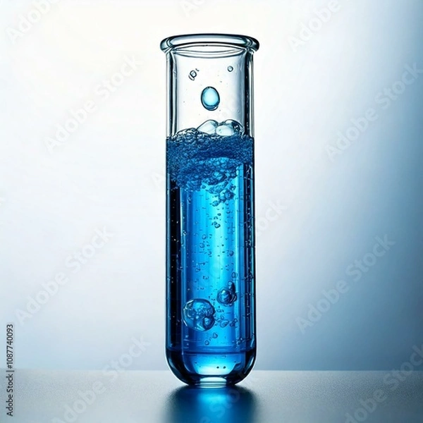 Fototapeta test tube with blue sparkling fluid infront of a white background