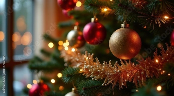 Obraz Festive Christmas tree adorned with shimmering baubles and twinkling lights, capturing a cozy holiday ambiance by the window