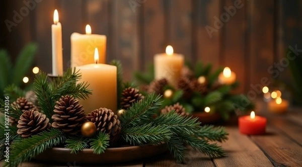 Fototapeta Red Christmas candles surrounded by festive greenery and berries for a warm holiday feel