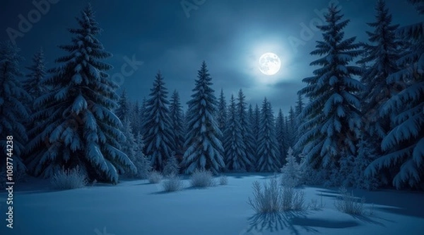 Fototapeta A peaceful snowy path illuminated by the full moon, surrounded by bare winter trees in a tranquil setting