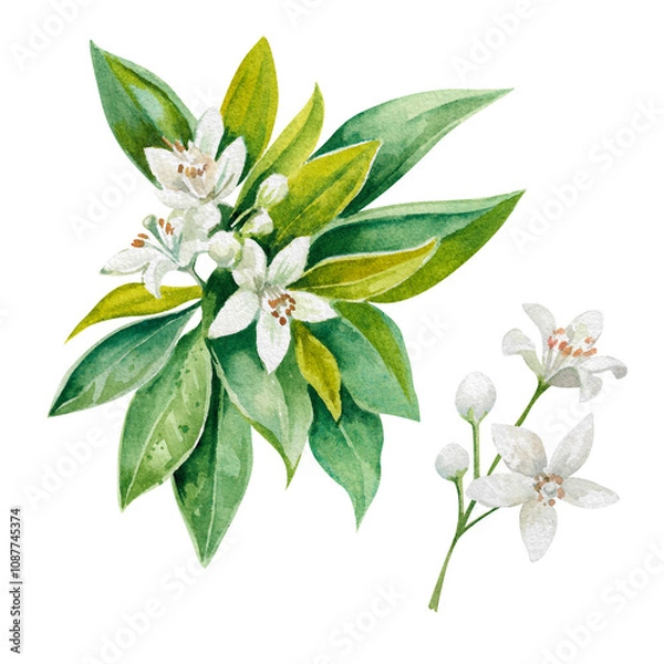 Obraz Branch of citrus tree with fresh green leaves and white flowers hand drawn watercolor illustration