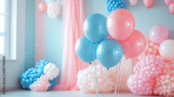 Fototapeta Colorful balloons and decorations in shades of pink and blue, creating festive atmosphere for gender reveal party.