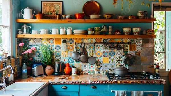 Fototapeta "Charming Bohemian-Inspired Kitchen Featuring Vibrant Tiles and Artistic Flair for a Unique Culinary Experience"