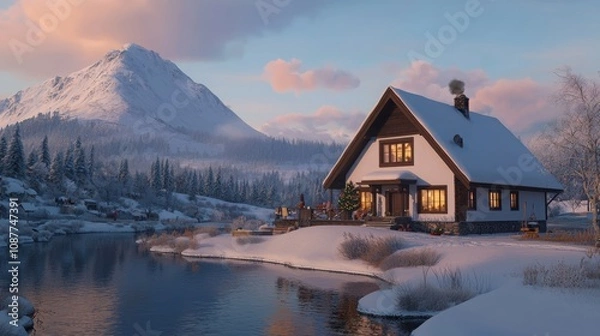 Fototapeta A cozy winter cabin beside a tranquil river, surrounded by snow-covered mountains and trees, bathed in soft morning light.