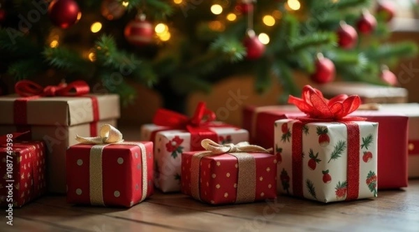 Fototapeta Festive Christmas gifts wrapped in red and white paper with ribbons are beautifully arranged under a decorated Christmas tree with glowing lights
